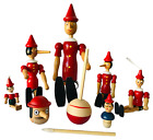 5 figurines de poupée en bois Pinocchio + aiguiseurs à crayon et bouchon de bouteille vintage Italie