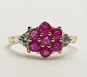Beautiful 9ct Ruby & Diamond Cluster Flower Yellow Gold 375 Ring Size N Hallmark - Picture 1 of 10