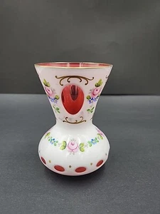 Moser White Cased Cut To Cranberry Bohemian Czech Glass Vase Enamel Flowers - Picture 1 of 12