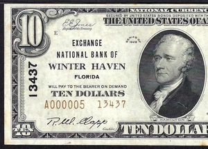 🇺🇸FL 1929 $10 T-2 LOW S/N:000005 ♚♚WINTER HAVEN, FLORIDA♚♚ PMG CU63 VERY RARE! - Picture 1 of 3