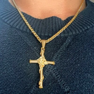 Crucifix Cross & Rose Jesus Christ Pendant/Necklace 18k Gold - Religious Jewelry - Picture 1 of 11