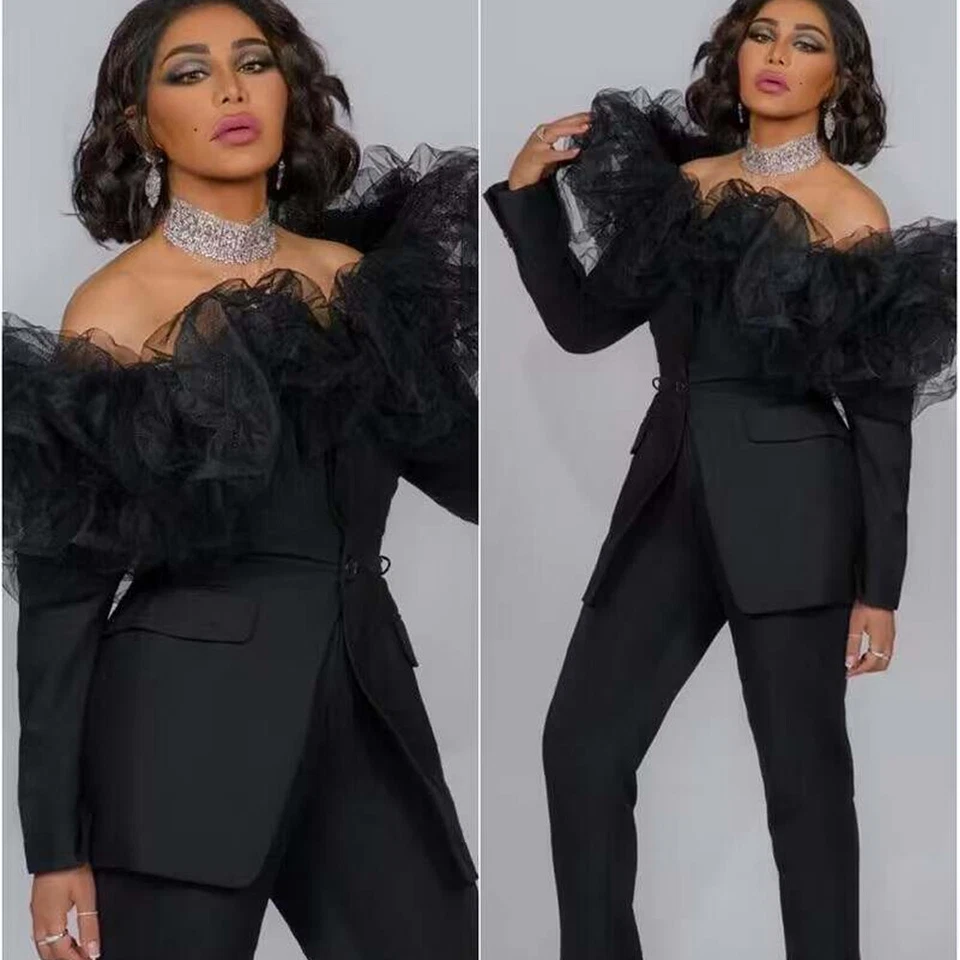 Moda Traje Negro Para Mujer con Encaje Talla Grande Noche Fiesta Baile de graduación Abrigo Pantalón Foto 1 de 4