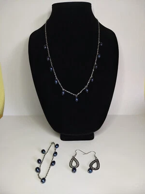 Conjunto de pendientes collar pulsera de acero inoxidable con perlas azules silencioso lujo dinero antiguo Foto 1 de 4