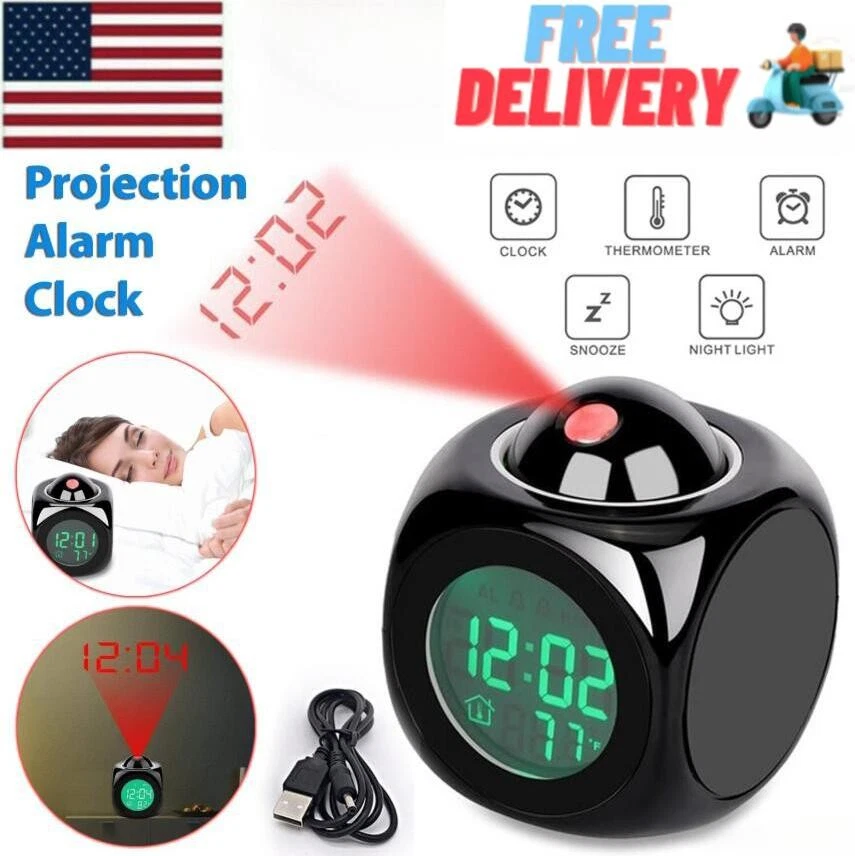 LED Projection Alarm Clock Digital LCD Display Voice Talking Weather Snooze USB - Image 1 of 4