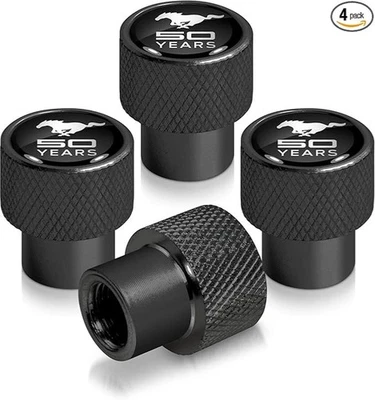 Ford Mustang 50 Years in Black on Silver Chrome Aluminum Tire Valve Stem Caps - Image 1 of 4