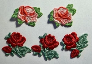 5 Vintage Embroidered Red Roses Flower Applique - Picture 1 of 1