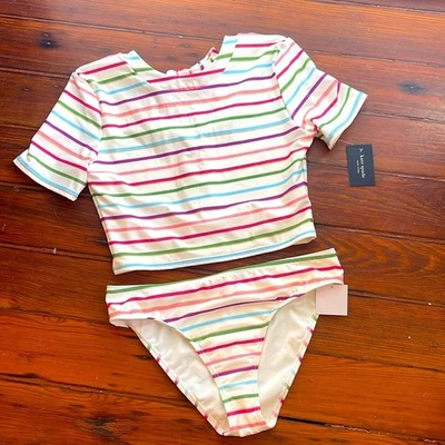 NUEVO CON ETIQUETAS Kate Spade Rayas Manga Corta Cuello Redondo Modesto Bikini Traje de Baño Conjunto Talla L Foto 1 de 4
