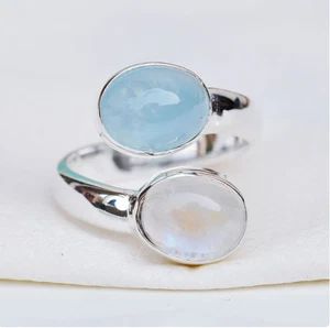 Aquamarin & Mondstein Ring, verstellbarer Ring, offener Ring, Handarbeit alle Größen - Bild 1 von 9