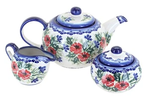 Blue Rose Polish Pottery Cherry Red Bouquet 3 Piece Tea Set - Picture 1 of 1