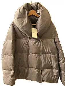 Theory Women's Jacket Medium Grey Multi Glen Plaid Down Shawl Puffer Coat $495 - Picture 1 of 12