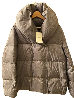 Chaqueta para mujer Theory gris medio multi brillo a cuadros chal acolchado abrigo $495 Foto 1 de 4