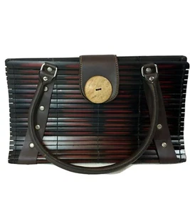Dark Brown Mahogany Wood Stained Bamboo Slat Medium Handbag Leather Straps - Picture 1 of 11