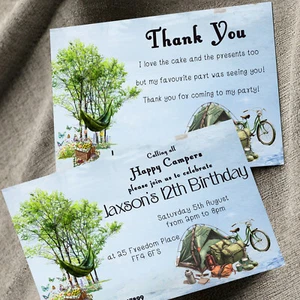 Personalised Camping Birthday Party Invitations Camping Invites A6 x10 - Picture 1 of 6