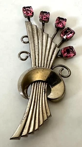 Vintage  Sterling Silver Floral Brooch with Pink Glass - Picture 1 of 6