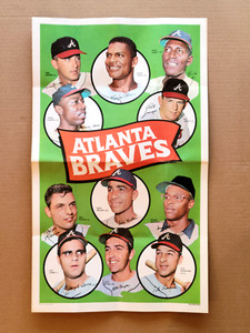 1969 Topps Team Poster Atlanta Braves + Wrapper, Hank Aaron & Niekro, High Grade