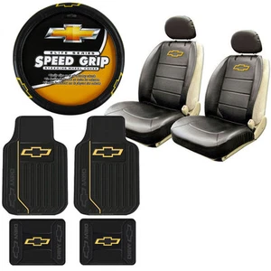 New 9Pc Chevy Bowtie Elite Rubber Floormats Seat Covers Steering Wheel Cover Set - Bild 1 von 1