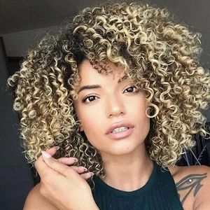 Short Curly Afro Wigs With Bangs for Black Women Kinky Curly Hair Wig Synthetic - Picture 1 of 10