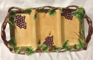 PACIFIC RIM SONOMA HANDLED 3 SECTION RELISH TRAY 15 3/4" EMBOSSED GRAPES LEAVES - Picture 1 of 8