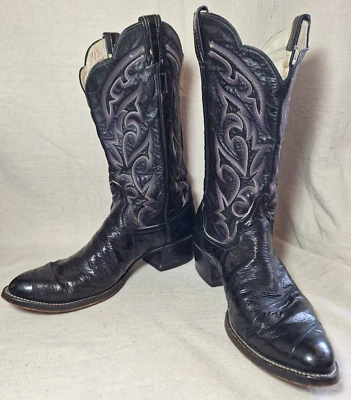 Larry Mahan Black Leather Western Cowboy Boots Men Size 10.5 - 11" Flame Stitch - Image 1 of 4