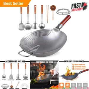 Premium Carbon Steel Wok 13.4" Traditional Chinese Wok Set W/ 8 Accessories Gift - Picture 1 of 8