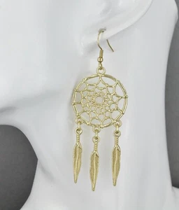 Gold dream catcher earrings dangle metal feather lightweight 3.25" long  - Picture 1 of 11