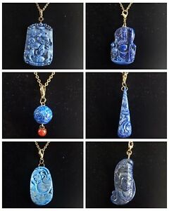 Carved natural blue lapis lazuli stone Pendant necklace,Bronze Chain amulet bead