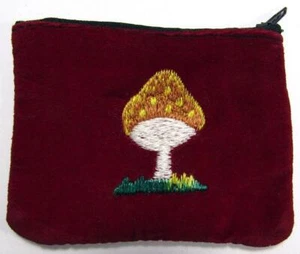 Mushroom Embroidery Purse 100% Cotton Velvet No Strap 11 x 8.5 cm - Picture 1 of 7