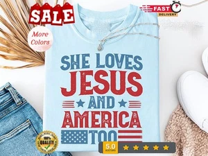 She loves Jesus and America Too Womens Shirts, Fourth of July Retro Christian... - Picture 1 of 14