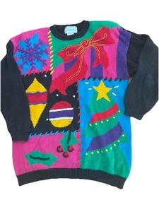 Christmas Holiday Sweater VTG 80s Bright Color Block Chunky Cotton Funky Large - Picture 1 of 7