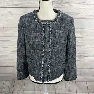 Brooks Brothers Womens Tweed Jacket Size 12 Blue Pockets Fringe Trim - Picture 1 of 10