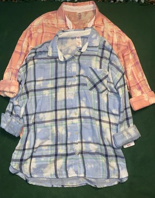 Camisa JUSTICE GIRLS 2 Piezas XL Plus (16P/18P) Doble Tejido Cuadros Top AZUL/melocotón Foto 1 de 4