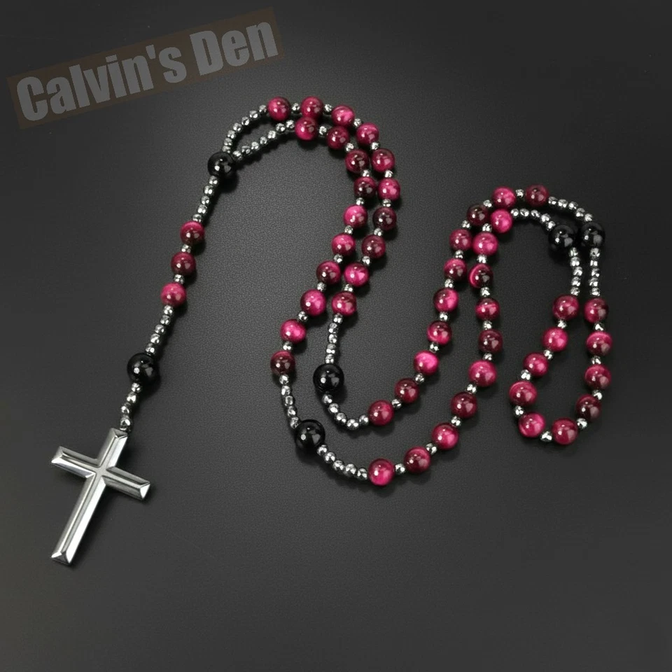 Collar Rosario Cruz Hematita Negro Ojo de Tigre Rosa Negro Ónix Regalo para Mujer Foto 1 de 4