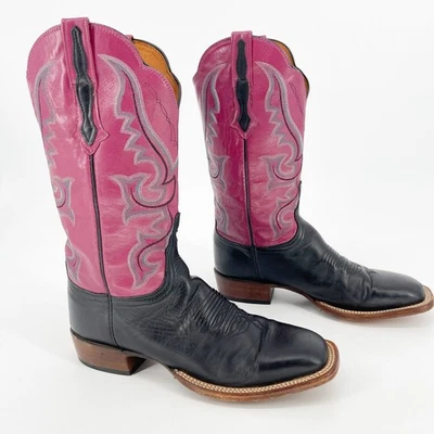 Bota vaquera occidental Lucchese negra malva bloque de color punta cuadrada tacón bajo talla 10 Foto 1 de 4
