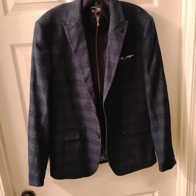 Lief Horsens Blue Plaid Blazer 40R Zip Removable Vest Floral Lining Elbow Patch - Image 1 of 4