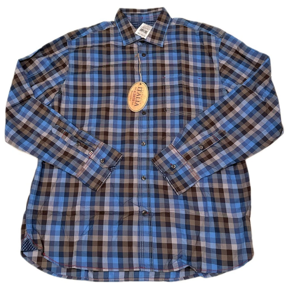 Camisa masculina vintage Italia azul marrom xadrez manga longa botão M — Nova com etiquetas - Imagem 1 de 1