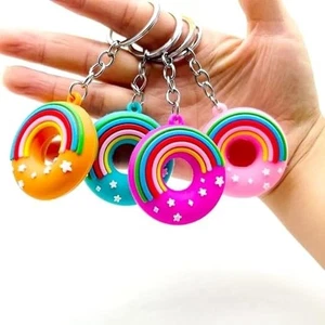 Rainbow & Stars Detail Donut Shape Keychain PVC Soft Doughnut Key Chains 4pcs - Picture 1 of 6