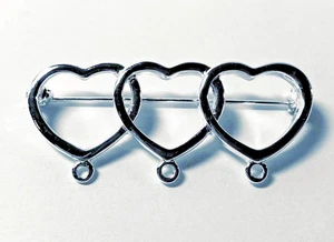 Triple Heart Pin, 2 Silver Plated Pewter 2 Inches Long with 3 Loops for Charms * - Picture 1 of 5