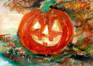 Pintura ORIGINAL ACEO Halloween Iluminada Calabaza Jack O Linterna Otoño Noche ATC ARTE - Imagen 1 de 1