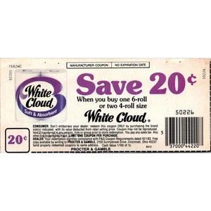 Save 20c When You Buy 1 6-Roll Or 2 4-Roll Size White Cloud 1980s Coupon SAI1-H4 - Picture 1 of 2