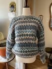 pull bleu vintage tricoté à la main laine nordique surdimensionné tricot M
