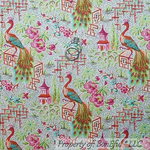 BonEful Fabric FQ Cotton Quilt White Aqua Pink Green Peacock Flower Bird Cottage - Picture 1 of 12