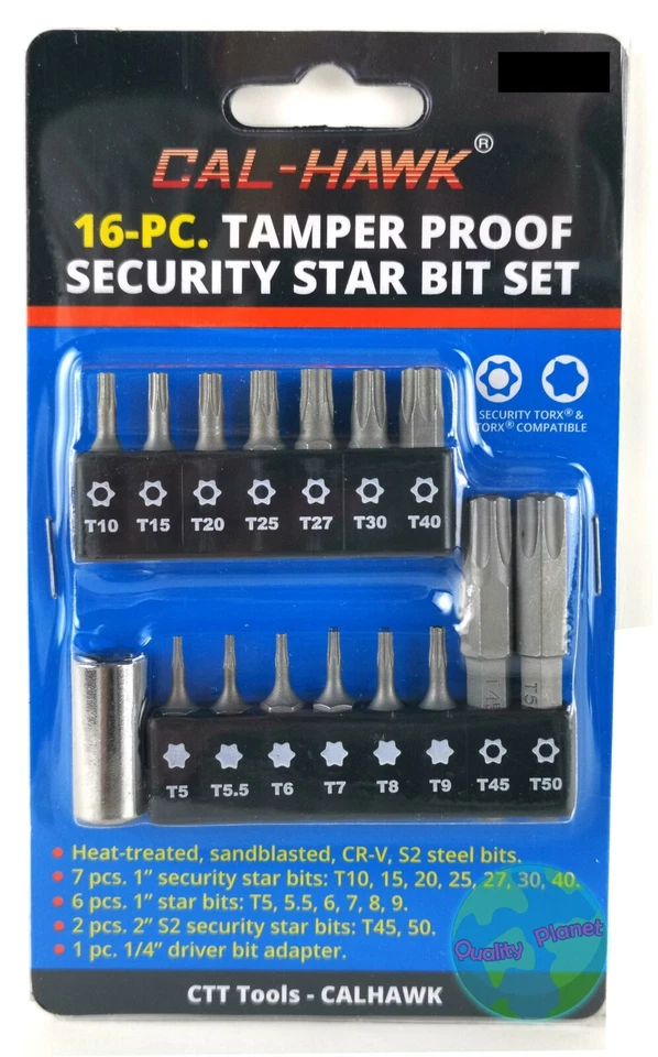 16pc Security Torx Bit Set Tamper Proof Star T5 T7 T10 T15 T20 T25 T30 T40 T50 - Image 1 of 1