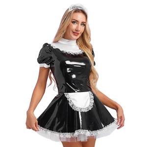 Womens Sexy Dress Shiny Metallic Cosplay Party Dress Up Wet Look Lace Apron - Picture 1 of 35