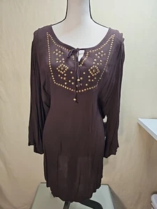 CATHERINES Embellished TUNIC Top 3/4 Sleeve Brown Bohemian Cotton Size 2X NWT  - Picture 1 of 6