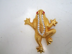 Vintage Embossed White Rhinestone Red Rhinestone Eyes Goldtone Frog Large Brooch - Picture 1 of 8