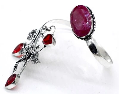 925 Sterling Silver Pink Ruby & Garnet Gemstone Jewelry Cuff Bracelet Size-ADJ" - Image 1 of 4