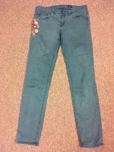 Jeans ajustados AG Adriano Goldschmied bordados con cuentas tiro bajo, azul verdoso, 27 R - Imagen 1 de 7