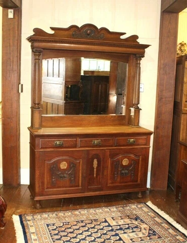 English Antique Oak Buffet Bar Cabinet Sideboard with Beveled Mirror Cover