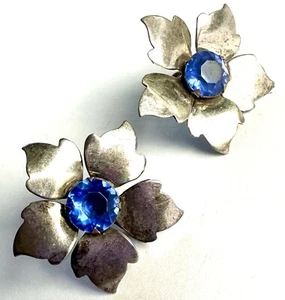 Orecchini Vintage Argento Sterling Blu Strass Fiore Bella Ragazza - Foto 1 di 6