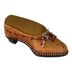 Antique Victorian Folk Art Wood Shoe Sewing Pin Cushion Beaded Hand Carved 4" - Picture 1 of 6